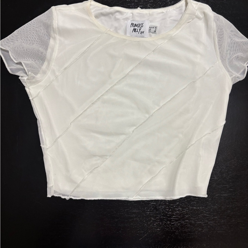 Princess Polly Cream Sheer Short Sleeve Diagonal Seam Crop Top NWOT